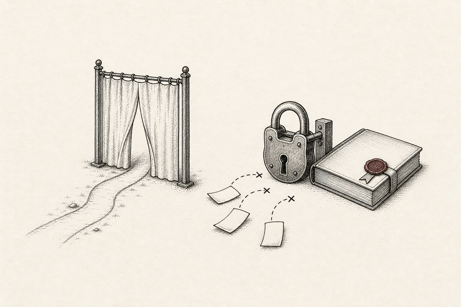 An ink illustration showing a curtain-like page gate separated from a locked ledger that represents the write boundary.